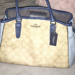 Coach Blue and Cream Satchel with Structured Design. significant damage to strap